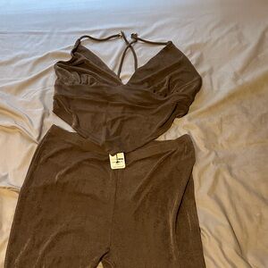 Fashion Nova Brown Wide Leg Matching Set XL